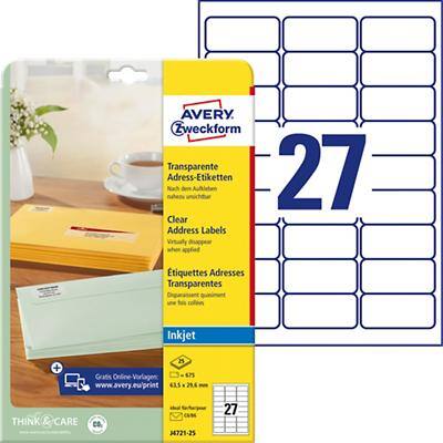 AVERY Zweckform Abziehhilfe QuickPEEL Adressetiketten J4721-25 Selbsthaftend DIN A4 Transparent 63,5 x 29,6 mm 25 Blatt à 27 Etiketten
