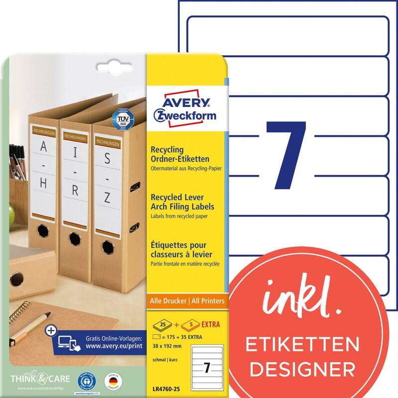 AVERY Zweckform ultragrip Ordneretiketten LR4760-25 Selbsthaftend DIN A4 Naturweiß 38 x 192 mm Recycled 30 Blatt à 7 Etiketten