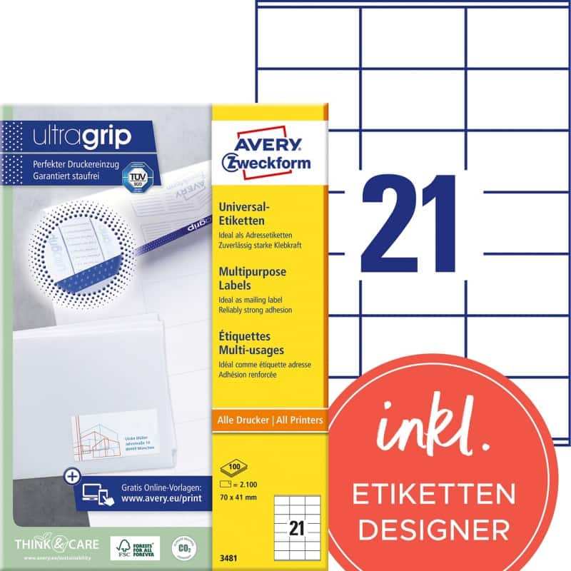 AVERY Zweckform ultragrip Universaletiketten 3481 Selbsthaftend DIN A4 Weiß 70 x 41 mm 100 Blatt à 21 Etiketten