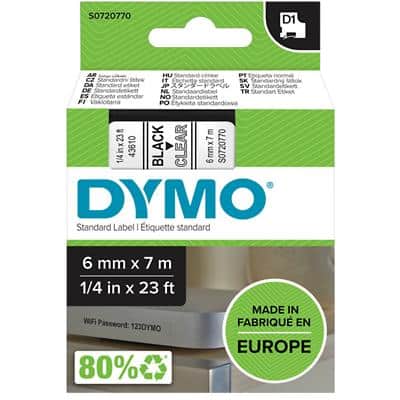 Dymo D1 S0720770 / 43610 Authentic Schriftband Selbstklebend Schwarzer Druck auf Transparent 6 mm x 7m