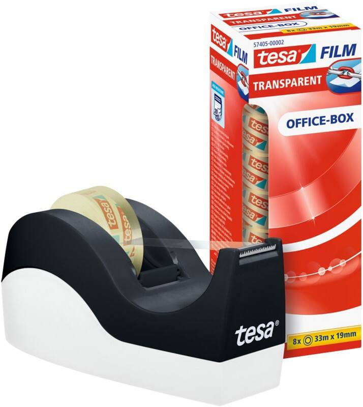 tesa Klebebandabroller tesafilm Easy Cut Orca Schwarz, Weiß 19 mm (B) x 33 m (L) PP (Polypropylen), Stahl + 8 Rollen tesa Klebefilm Office Box