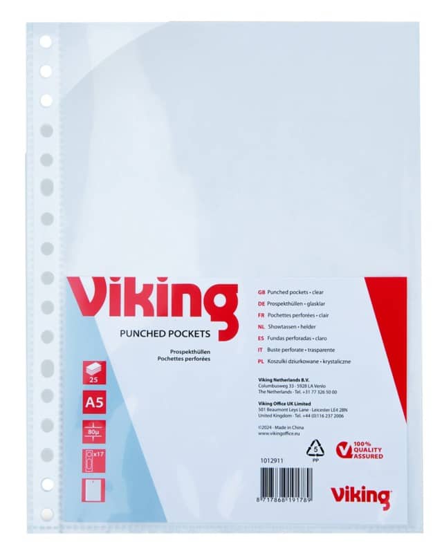 Viking Prospekthüllen  DIN A5 Glasklar Transparent 80 Mikron PP (Polypropylen) Öffnung oben 17 Löcher 25 Stück