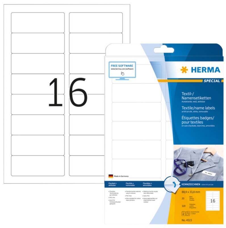 HERMA 4515 Namensetiketten DIN A4 Weiß 88,9 x 33,8 mm 20 Blatt à 16 Etiketten
