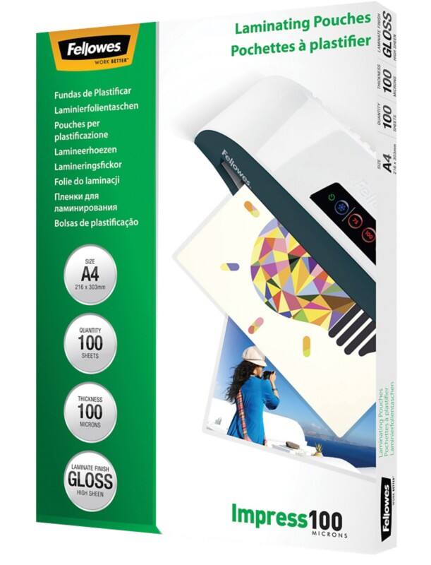 Fellowes Impress Laminierfolien DIN A4 Glänzend 100 Mikron (2 x 100) Transparent 100 Stück