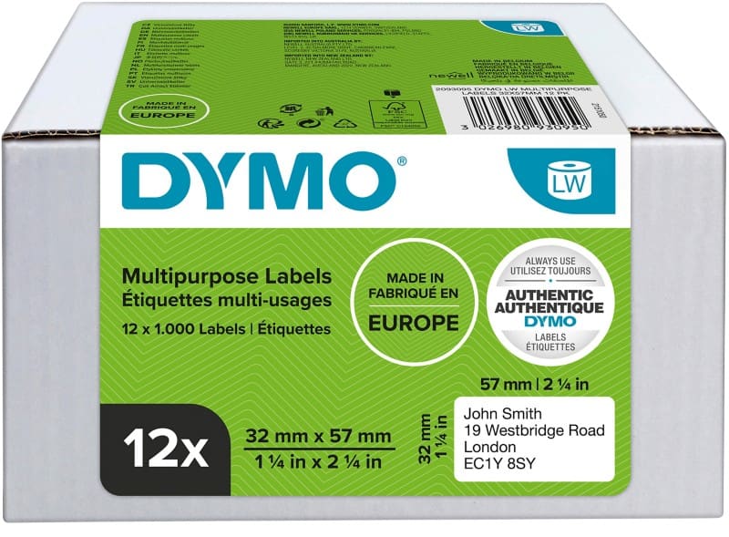 Dymo LW 2093095 / 11354 Authentic Mehrzwecketiketten Selbstklebend Weiß 32 x 57 mm 12 Rollen mit 1000 Etiketten