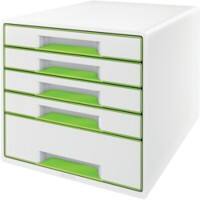 Leitz WOW Cube Schubladenbox Duo Colour mit 5 Schubladen DIN A4 Weiß, Grün 28,7 x 27 x 36,3 cm