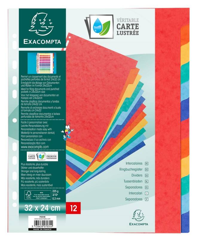 Exacompta Genuine Premium Pressboard 1 bis 12 Register 320 x 240 mm Farbig Sortiert 12-teilig Pressspankarton 18 Löcher 7034E 5 Stück