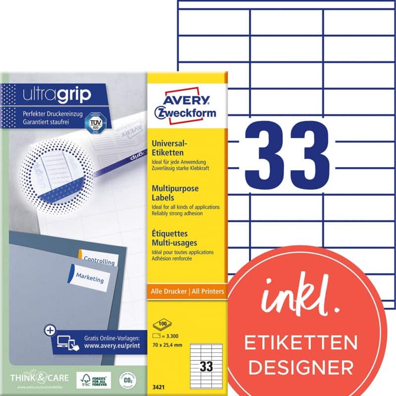 AVERY Zweckform ultragrip Universaletiketten 3421 Selbsthaftend DIN A4 Weiß 70 x 25,4 mm 100 Blatt à 33 Etiketten