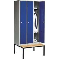 C+P Garderobenschrank mit Sitzbank 4 Abteile 30 cm Lichtgrau, Enzianblau 1.190 x 500 x 2.090 mm