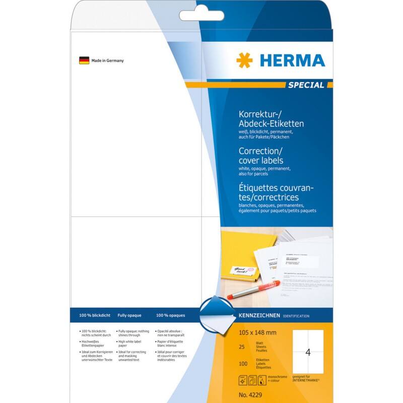 HERMA Korrekturetiketten 4229 Weiß Rechteckig DIN A4 105 x 148 mm 25 Blatt à 4 Etiketten