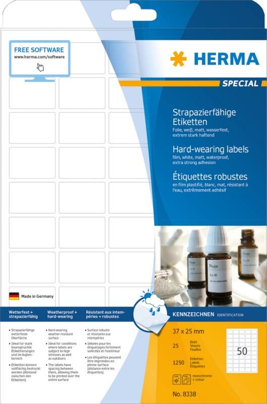 HERMA Wetterfeste Etiketten 8338 DIN A4 Weiß Rechteckig 37 x 25 mm 25 Blatt à 50 Etiketten