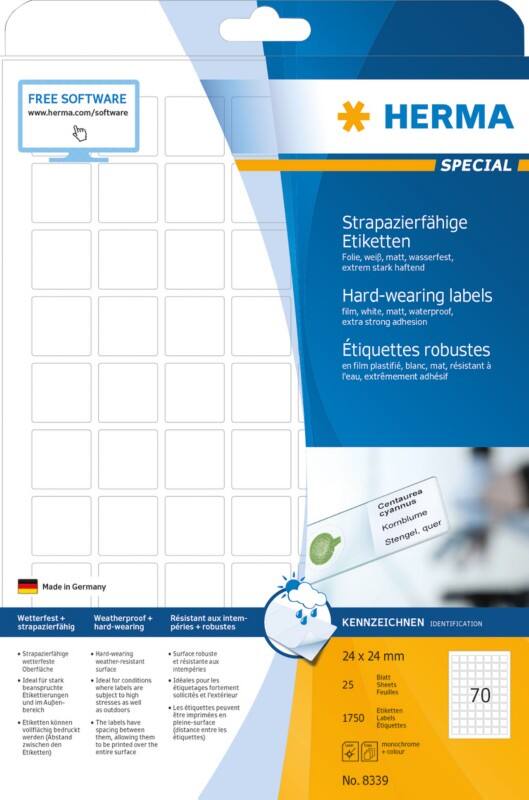 HERMA Wetterfeste Etiketten 8339 DIN A4 Weiß Quadratisch 24 x 24 mm 25 Blatt à 70 Etiketten