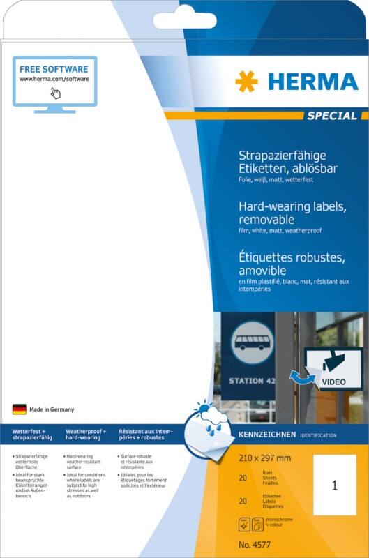 HERMA Wetterfeste Etiketten 4577 DIN A4 Weiß Rechteckig 210 x 297 mm 20 Blatt à 1 Etikett