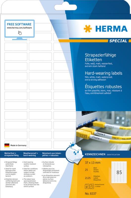 HERMA Wetterfeste Etiketten 8337 DIN A4 Weiß Rechteckig 37 x 13 mm 25 Blatt à 85 Etiketten