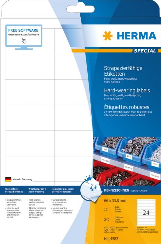 HERMA Wetterfeste Etiketten 4582 DIN A4 Weiß Rechteckig 66 x 33,8 mm 10 Blatt à 24 Etiketten