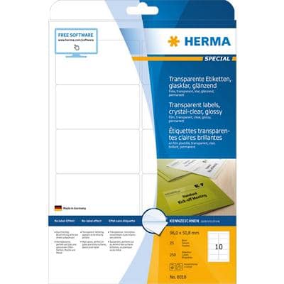 HERMA Transparente Etiketten 8018 Rechteckig DIN A4 96 x 50,8 mm 25 Blatt à 10 Etiketten