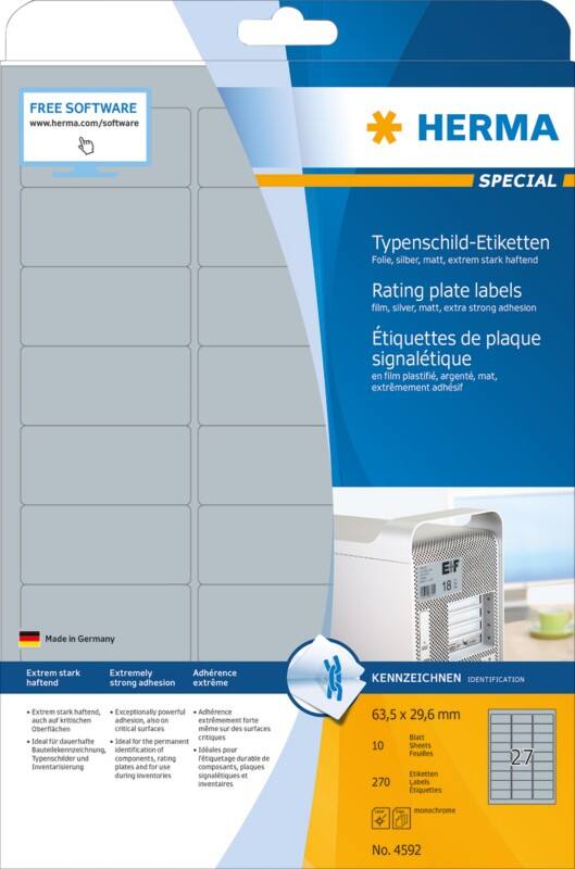 HERMA Typenschild-Etiketten 4592 Silber Rechteckig DIN A4 63,5 x 29,6 mm 10 Blatt à 27 Etiketten