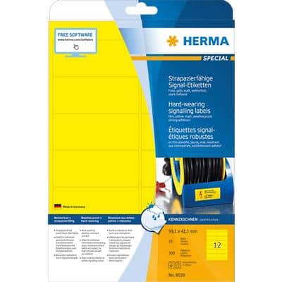 HERMA Wetterfeste Etiketten 8029 Gelb Rechteckig DIN A4 99,1 x 42,3 mm 25 Blatt à 12 Etiketten