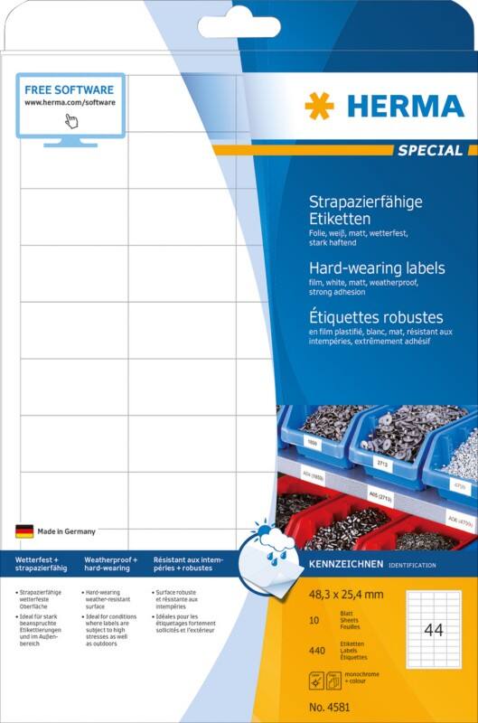 HERMA Wetterfeste Etiketten 4581 DIN A4 Weiß Rechteckig 48,3 x 25,4 mm 10 Blatt à 44 Etiketten