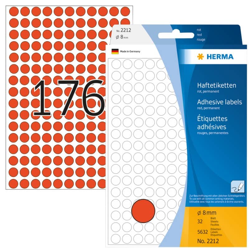 HERMA Farbige Markierungspunkte 2212 Rot Rund Ø 8 mm 32 Blatt à 176 Etiketten