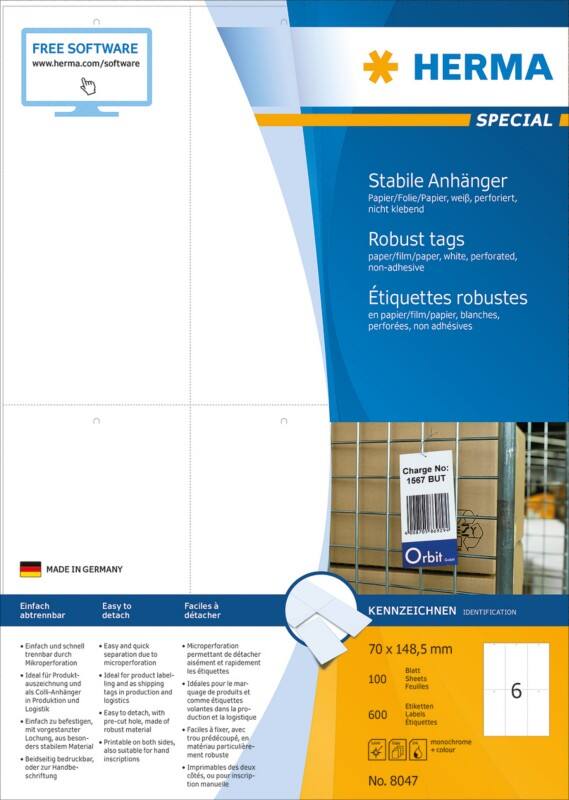 HERMA Anhänger 8047 Weiß Rechteckig DIN A4 70 x 148,5 mm 100 Blatt à 6 Etiketten