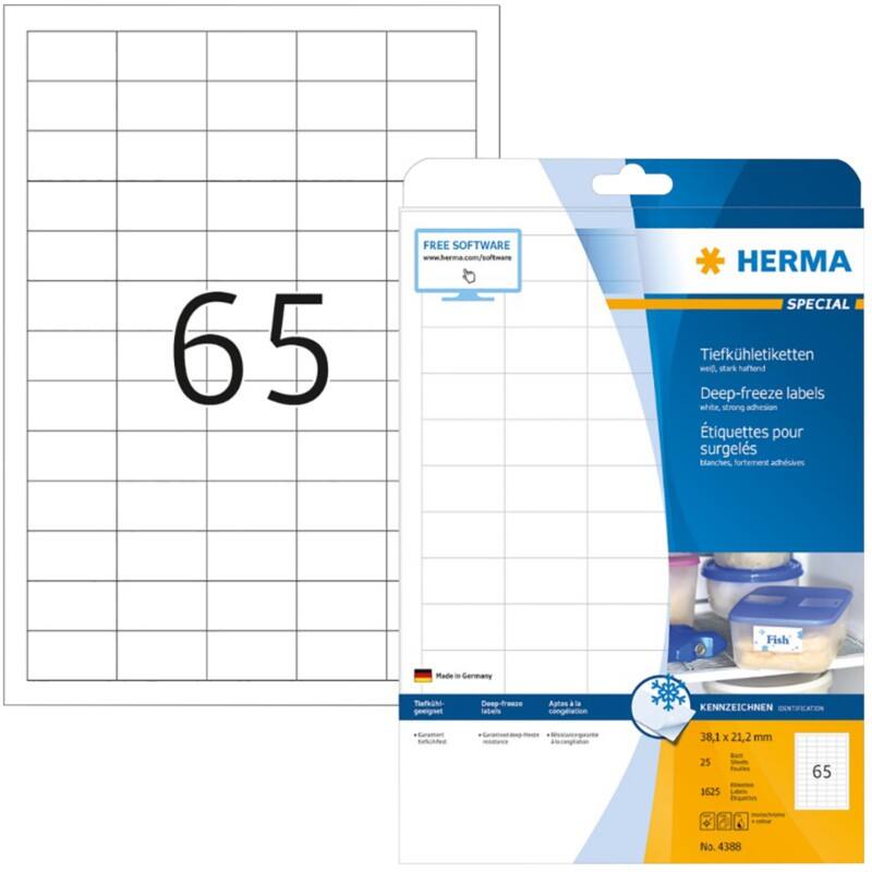 HERMA Laser Gefrierschrank-Etiketten 4388 Selbstklebend DIN A4 Weiß 38,1 x 21,2 mm 25 Blatt à 65 Etiketten