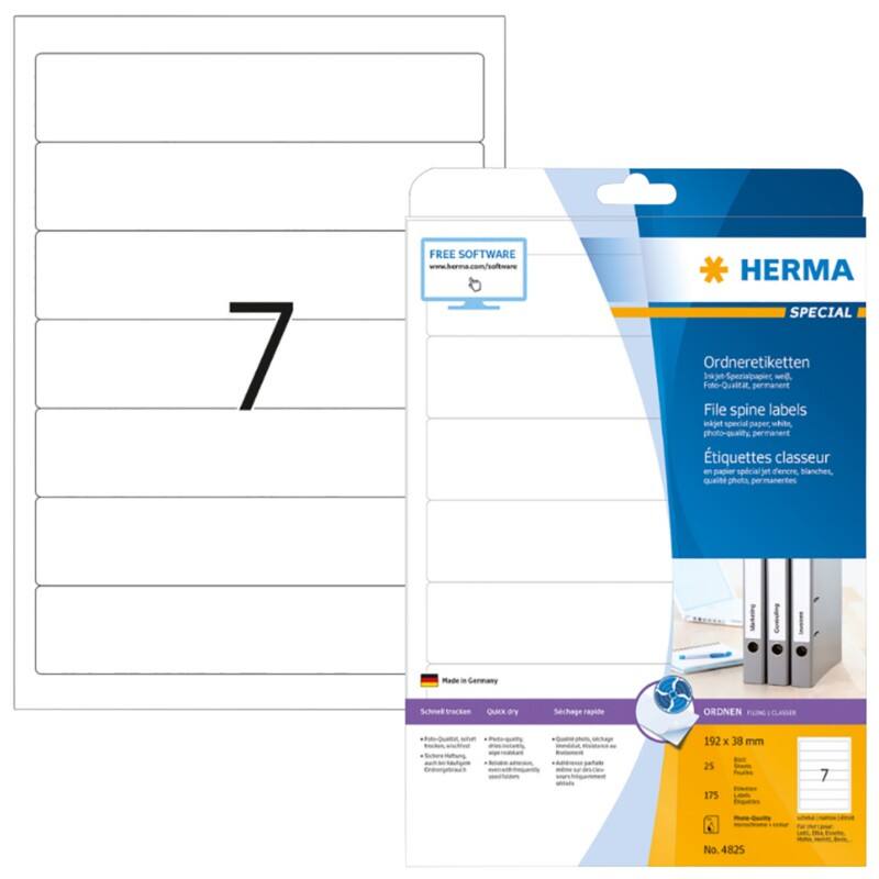 HERMA Inkjet Ordneretiketten 4825 Weiß 192 x 38 mm 25 Blatt à 7 Etiketten