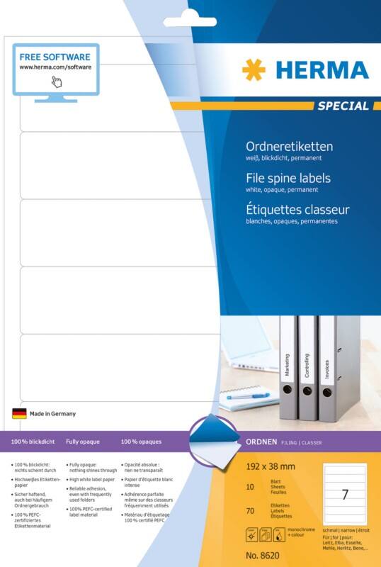 HERMA Ordneretiketten 8620 Weiß DIN A4 192 x 38 mm 10 Blatt à 7 Etiketten