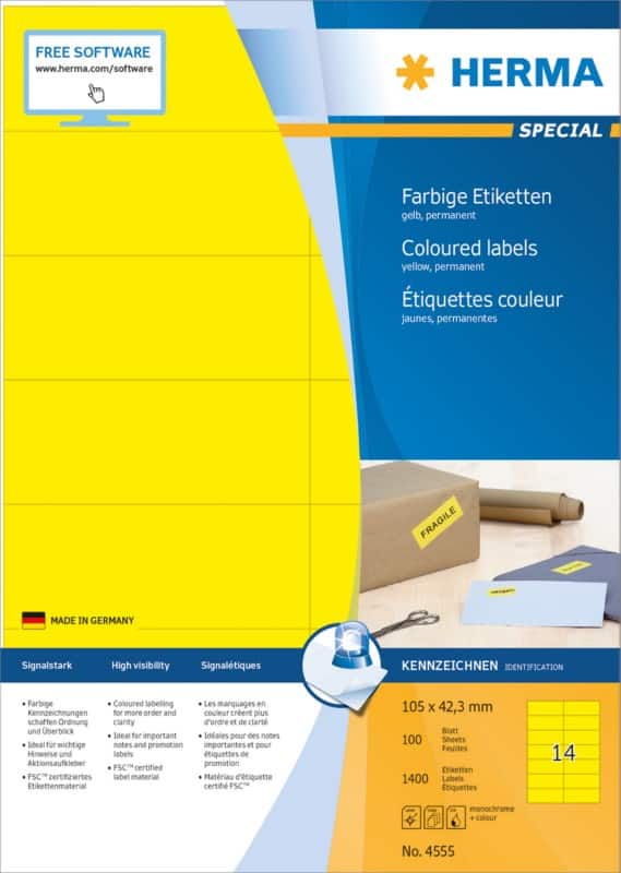 HERMA Farbige Multifunktionsetiketten 4555 Gelb Rechteckig 105 x 42 mm 100 Blatt à 14 Etiketten