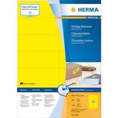 permanent haftende Farbetiketten 1.400 Klebeetiketten bedruckbar gelb HERMA 4555 Farbige Etiketten DIN A4 selbstklebend 105 x 42,3 mm, 100 Blatt, Papier, matt 