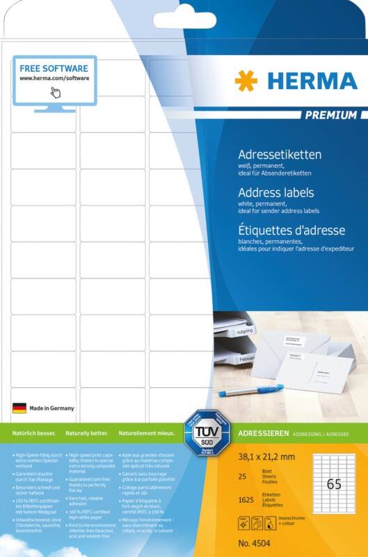 HERMA Adressetiketten 4504 Weiß Rechteckig 38,1 x 21,2 mm 25 Blatt à 65 Etiketten