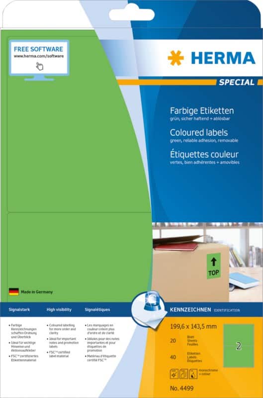 HERMA Farbige Multifunktionsetiketten 4499 Grün Rechteckig 199,6 x 143,5 mm 20 Blatt à 2 Etiketten