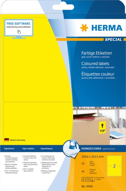 HERMA Farbige Etiketten 4496 Gelb Rechteckig 200 x 144 mm 20 Blatt à 14 Etiketten