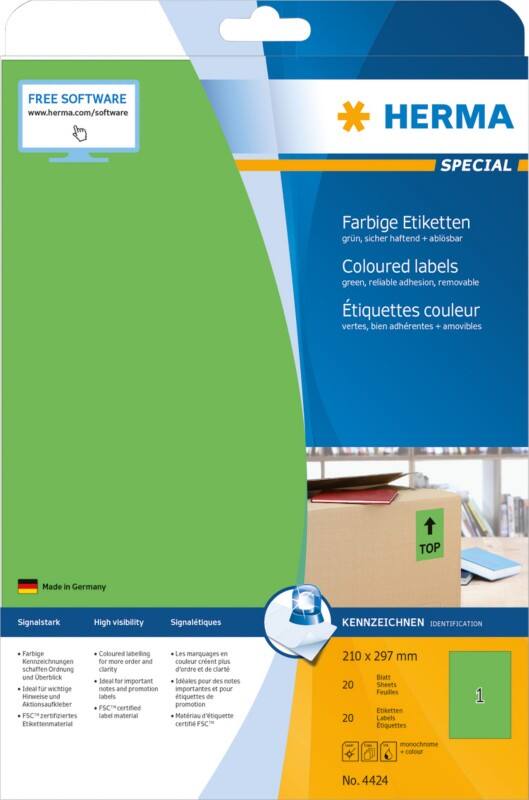 HERMA Farbige Etiketten 4424 Grün Rechteckig 210 x 297 mm 20 Blatt à 1 Etikett