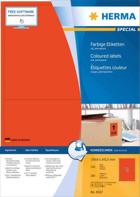 HERMA Farbige Etiketten 4567 Rot Rechteckig 199 x 143 mm 100 Blatt à 2 Etiketten
