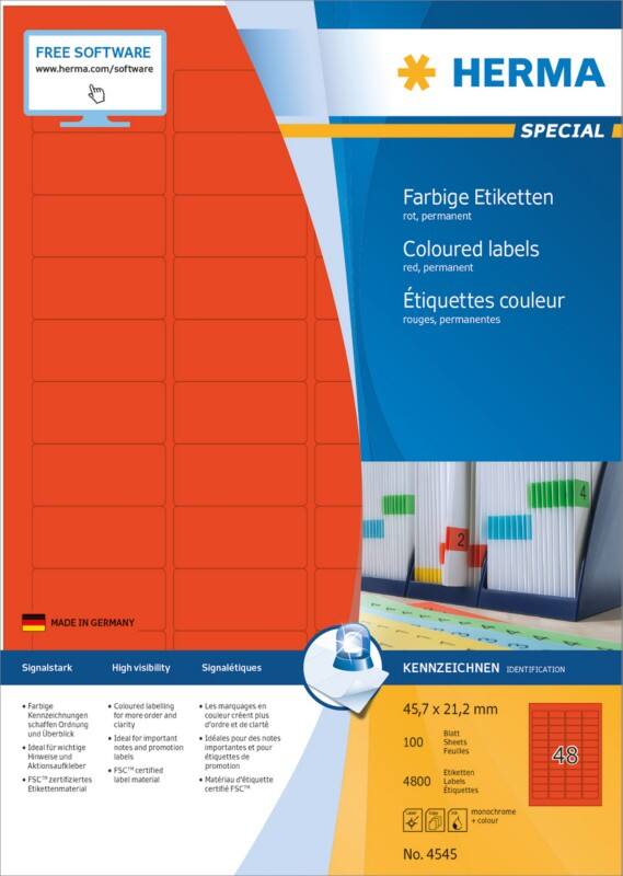 HERMA Farbige Etiketten 4545 Rot Rechteckig 45 x 21 mm 100 Blatt à 48 Etiketten