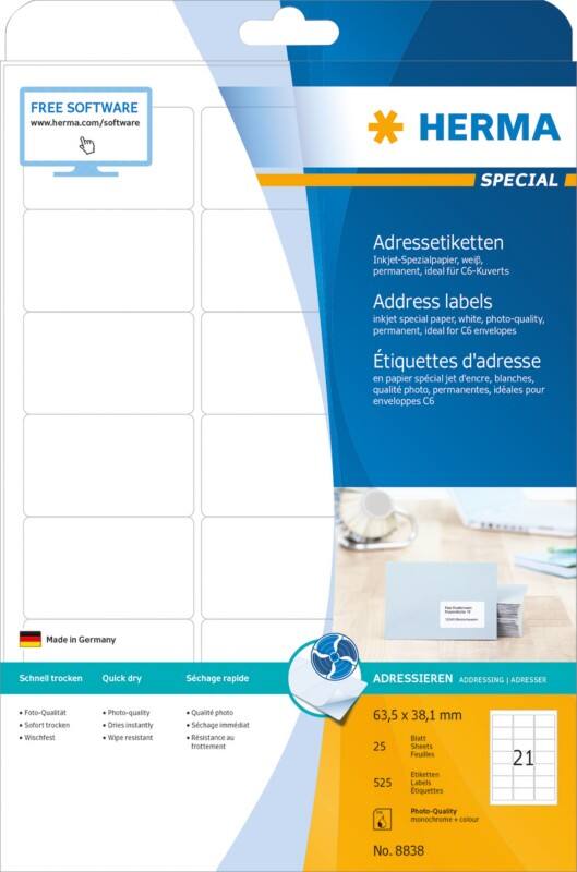 HERMA Inkjet Etiketten 8838 Weiß Rechteckig 63,5 x 38,1 mm 25 Blatt à 21 Etiketten