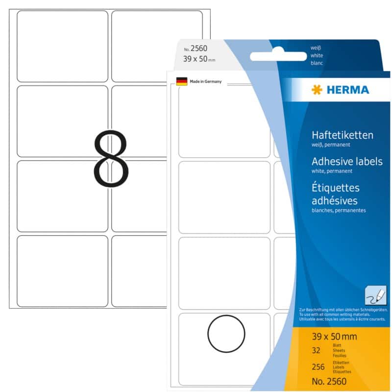 HERMA Mehrzwecketiketten 2560 Weiß Rechteckig 39 x 50 mm 32 Blatt à 8 Etiketten