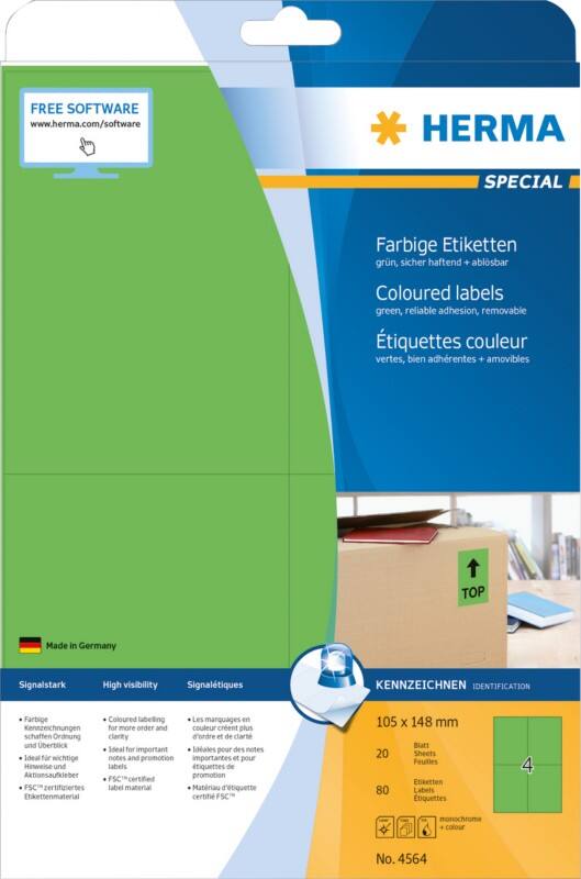 HERMA Farbige Etiketten 4564 Grün Rechteckig 105 x 148 mm 20 Blatt à 4 Etikett