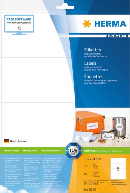 HERMA Mehrzwecketiketten 8645 Weiß Rechteckig 105 x 74 mm  Extra stark 10 Blatt à 220 Etiketten