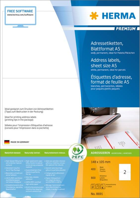HERMA Laser Adressetiketten 8691 Selbsthaftend DIN A5 Weiß 14,8 x 10,5 cm 400 Blatt à 2 Etiketten