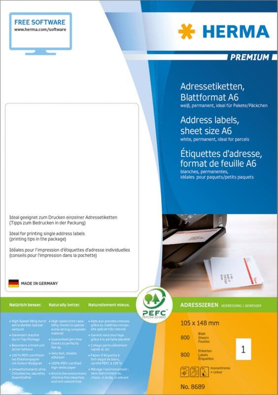 HERMA Versandetiketten 8689 Weiß Rechteckig 105 x 148 mm 800 Blatt à 1 Etikett