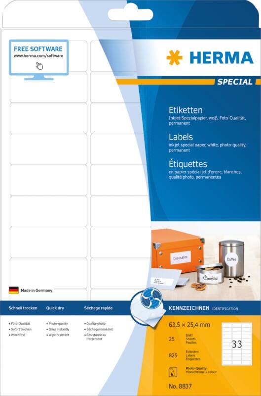 HERMA Inkjet Etiketten 8837 Weiß Rechteckig 63,5 x 25,4 mm 25 Blatt à 33 Etiketten