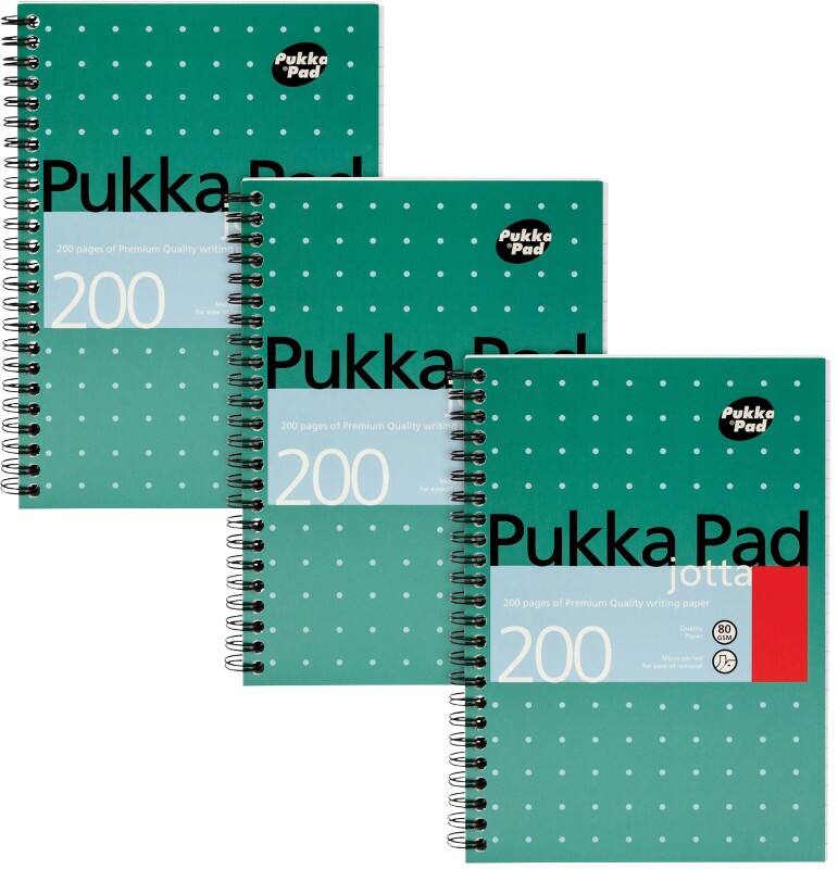 Pukka Pad Notizbuch Metallic Jotta A5 liniert Spirale gebundener Karton Hardback Grün perforiert 200 Seiten 3er-Pack