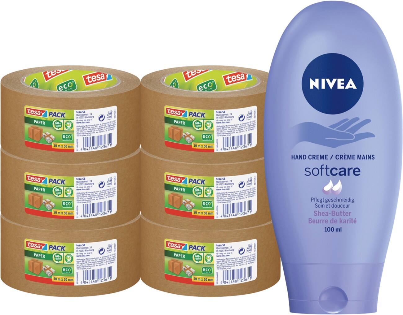 tesapack Braun Eco Papier Verpackungsklebeband und Nivea Creme Bundle 50 mm x 50 m 6 Rollen