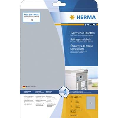 HERMA Typenschild-Etiketten 4593 Silber Rechteckig DIN A4 210 x 297 mm 10 Blatt à 1 Etikett