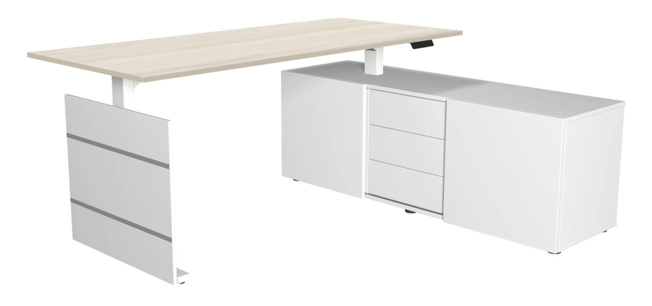 Move 3 - Schreibtisch mit Sideboard - Steh-/Sitztisch 180x80x72-120cm mit sideboard 160x50x58cm Ahorn