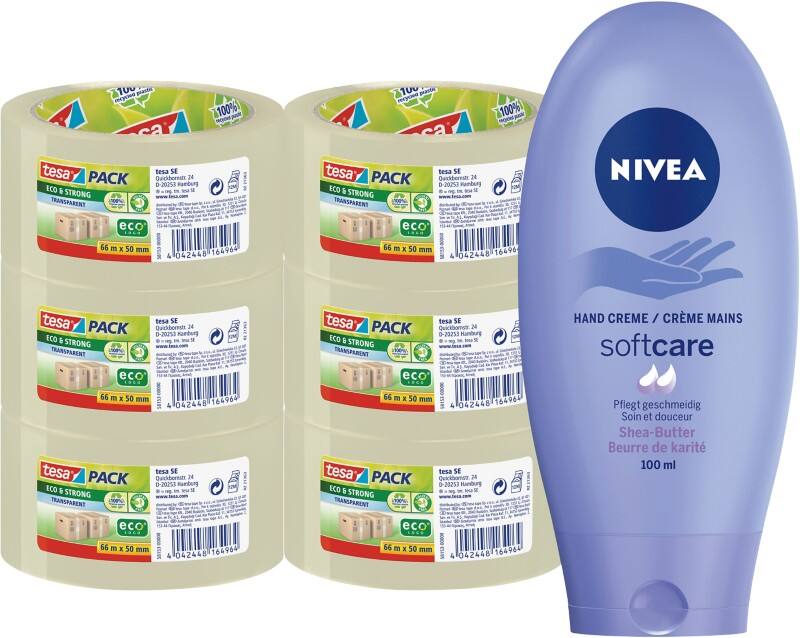 tesapack Transparentes Eco & Strong Verpackungsklebeband und Nivea Creme Bundle 50 mm x 66 m 6 Rollen