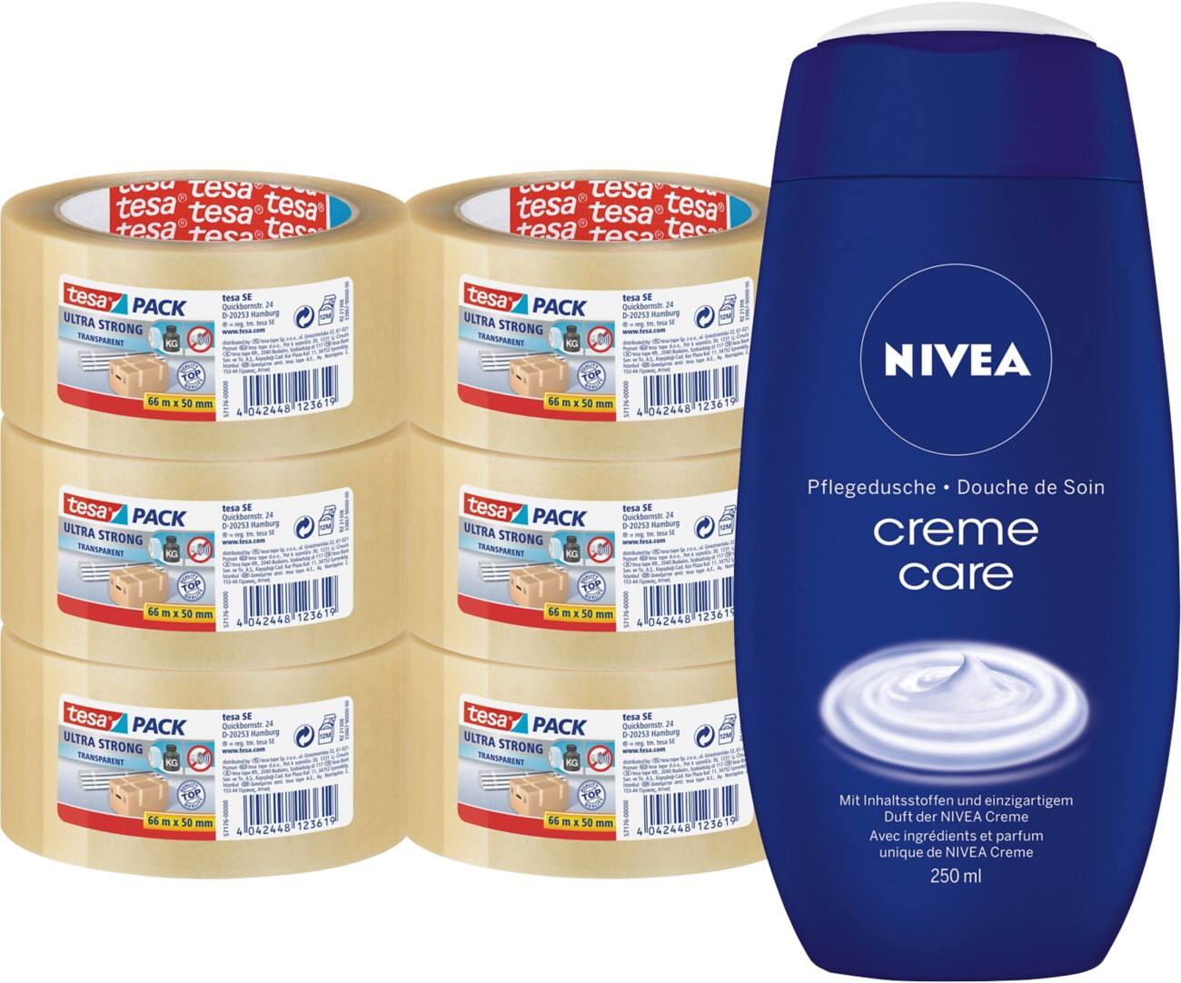 tesapack Transparentes Klebeband 4124 und Duschgel-Bundle Ultra strong 50 mm x 66 m Transparent 6 Stück