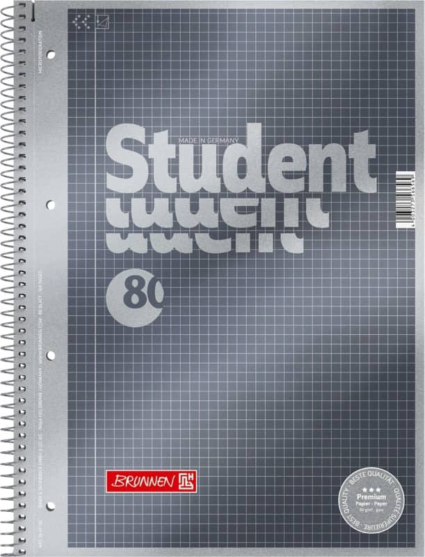 Brunnen student premium notebook din a4 kariert spiralbindung pappkarton anthrazit-metallic perforiert 160 seiten 80 blatt